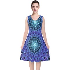 Accordant Electric Blue Fractal Flower Mandala V-neck Midi Sleeveless Dress  by jayaprime