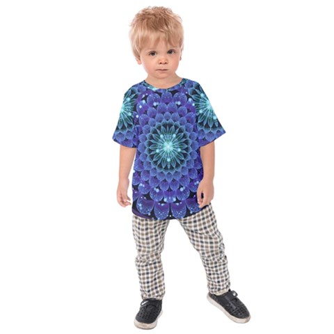 Accordant Electric Blue Fractal Flower Mandala Kids Raglan Tee by jayaprime