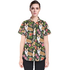 Welsh Corgi Hawaiian Pattern Florals Tropical Summer Dog Women s Short Sleeve Shirt