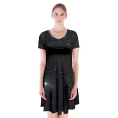 Starry Galaxy Night Black And White Stars Short Sleeve V-neck Flare Dress by yoursparklingshop