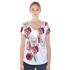 Flowers Poppies Poppy Vintage Short Sleeve Front Detail Top by Celenk