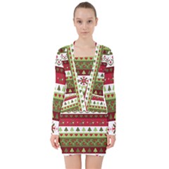 Christmas Spirit Pattern V-neck Bodycon Long Sleeve Dress by patternstudio