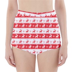 Knitted Red White Reindeers High-waisted Bikini Bottoms by patternstudio