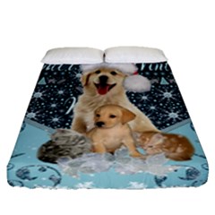 It s Winter And Christmas Time, Cute Kitten And Dogs Fitted Sheet (queen Size) by FantasyWorld7