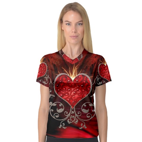Wonderful Heart With Wings, Decorative Floral Elements V-neck Sport Mesh Tee by FantasyWorld7