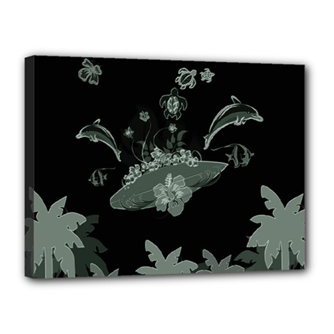 Surfboard With Dolphin, Flowers, Palm And Turtle Canvas 16  X 12  by FantasyWorld7