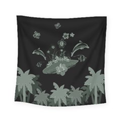 Surfboard With Dolphin, Flowers, Palm And Turtle Square Tapestry (small) by FantasyWorld7