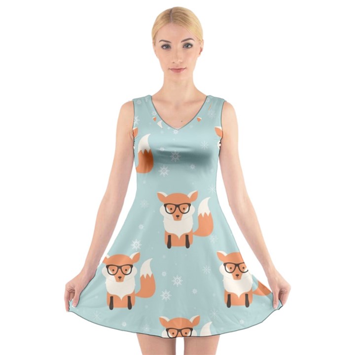 Cute Fox Pattern V-Neck Sleeveless Skater Dress
