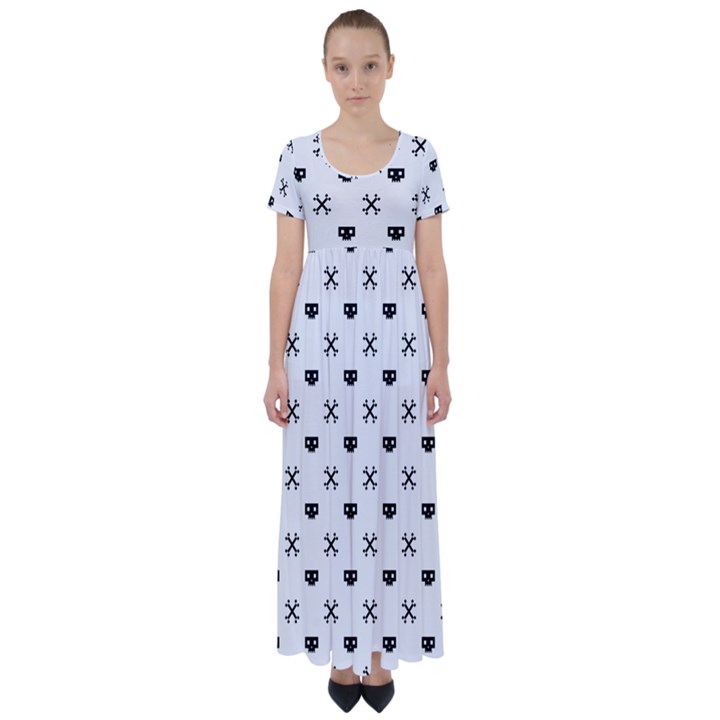 Black Pixel Skull Pirate High Waist Short Sleeve Maxi Dress