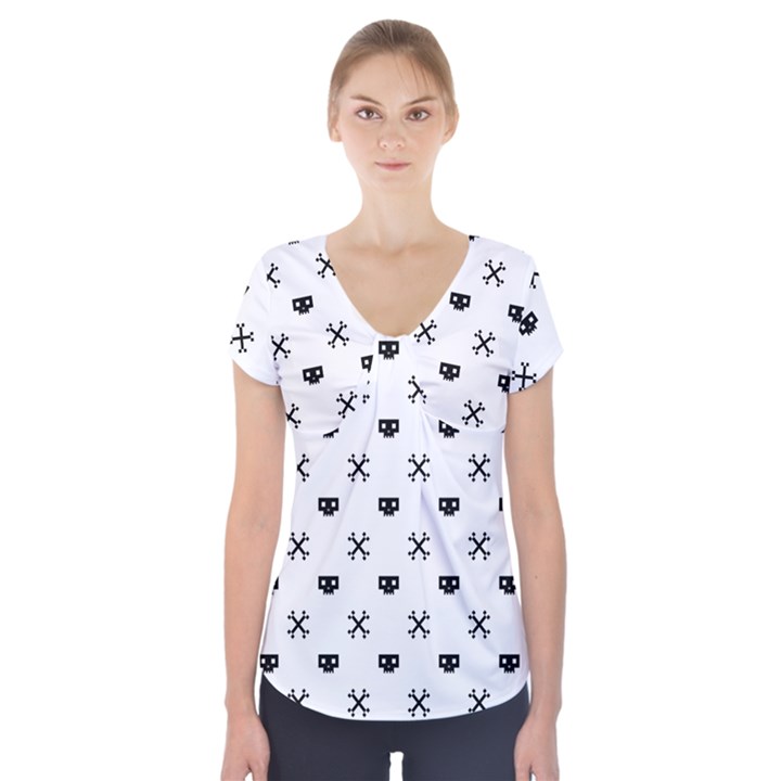 Black Pixel Skull Pirate Short Sleeve Front Detail Top