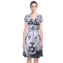 Lion Wildlife Art And Illustration Pencil Short Sleeve Front Wrap Dress by Celenk