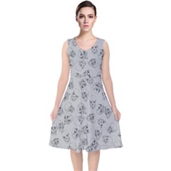 A Lot Of Skulls Grey V-neck Midi Sleeveless Dress 