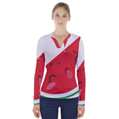 Watermelon Red Network Fruit Juicy V-neck Long Sleeve Top by BangZart