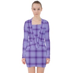 Purple Plaid Original Traditional V-neck Bodycon Long Sleeve Dress by BangZart