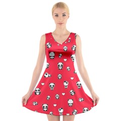 Panda Pattern V-neck Sleeveless Skater Dress by Valentinaart