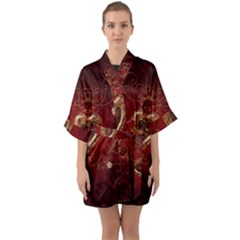 Wonderful Hearts With Floral Elemetns, Gold, Red Quarter Sleeve Kimono Robe by FantasyWorld7