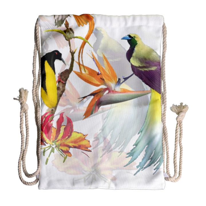 Exotic Birds of Paradise and Flowers Watercolor Drawstring Bag (Large)