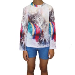 Cat Kitty Animal Art Abstract Kids  Long Sleeve Swimwear by Celenk