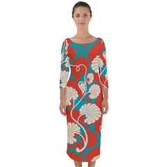 Floral Asian Vintage Pattern Quarter Sleeve Midi Bodycon Dress by NouveauDesign