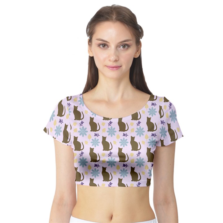 Outside Brown Cats Short Sleeve Crop Top