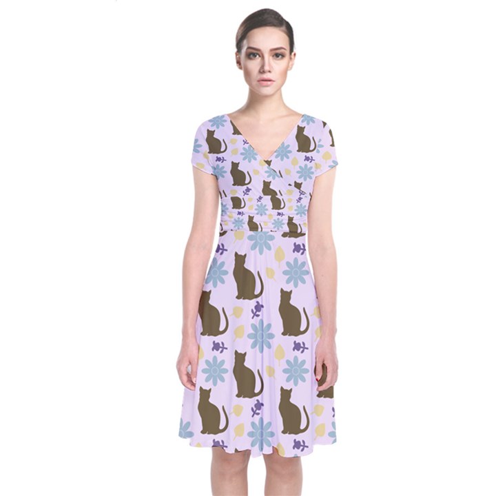 Outside Brown Cats Short Sleeve Front Wrap Dress