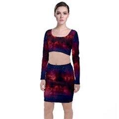 Astronomy Space Galaxy Fog Long Sleeve Crop Top & Bodycon Skirt Set