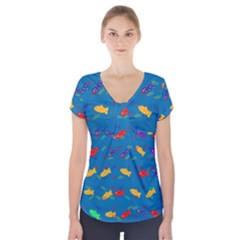 Fish Blue Background Pattern Texture Short Sleeve Front Detail Top