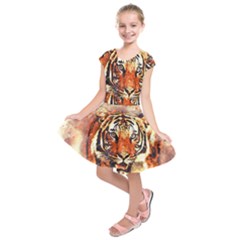 Tiger Portrait Art Abstract Kids  Short Sleeve Dress