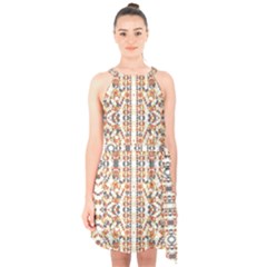 Multicolored Geometric Pattern  Halter Collar Waist Tie Chiffon Dress by dflcprints