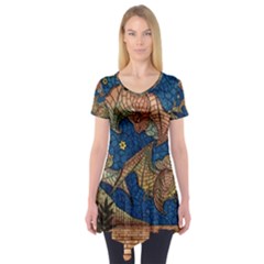 Bats Cubism Mosaic Vintage Short Sleeve Tunic 