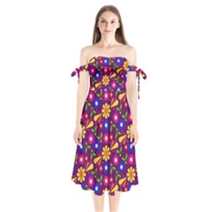 Flower Pattern Illustration Background Shoulder Tie Bardot Midi Dress