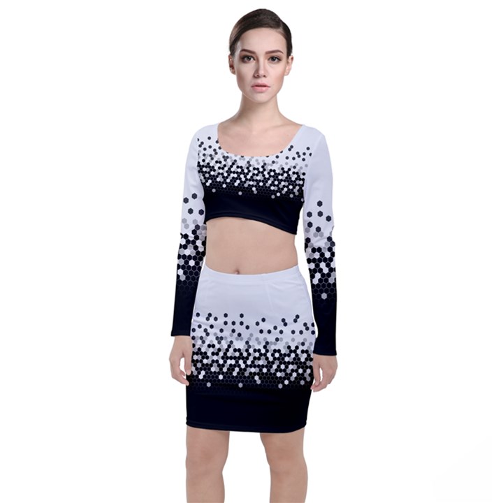 Flat Tech Camouflage White And Black Long Sleeve Crop Top & Bodycon Skirt Set