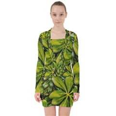 Top View Leaves V-neck Bodycon Long Sleeve Dress by dflcprints