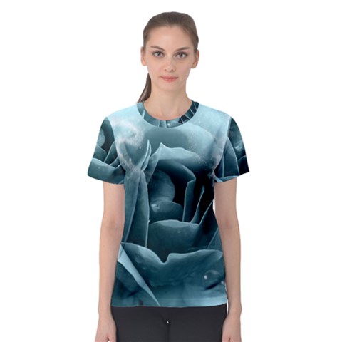 Beautiful Blue Roses With Water Drops Women s Sport Mesh Tee by FantasyWorld7