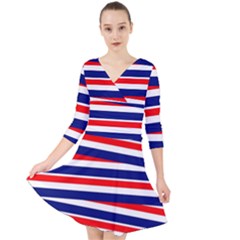 Red White Blue Patriotic Ribbons Quarter Sleeve Front Wrap Dress