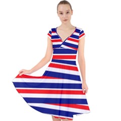 Red White Blue Patriotic Ribbons Cap Sleeve Front Wrap Midi Dress