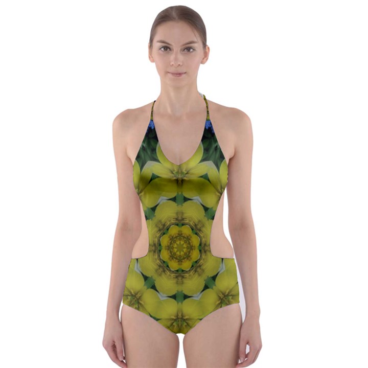 Fantasy Plumeria Decorative Real And Mandala Cut-Out One Piece Swimsuit