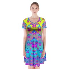 Flowers In The Most Beautiful Sunshine Short Sleeve V-neck Flare Dress by pepitasart