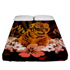 Cute Little Tiger With Flowers Fitted Sheet (king Size) by FantasyWorld7