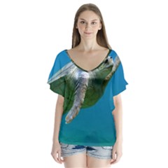 Sea Turtle 2 V-neck Flutter Sleeve Top by trendistuff
