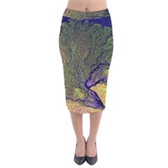 Lena River Delta A Photo Of A Colorful River Delta Taken From A Satellite Velvet Midi Pencil Skirt by Simbadda