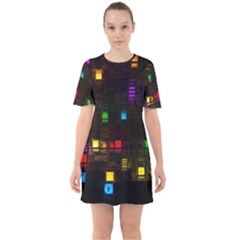 Abstract 3d Cg Digital Art Colors Cubes Square Shapes Pattern Dark Sixties Short Sleeve Mini Dress by Sapixe