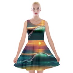 Art Sunset Beach Sea Waves Velvet Skater Dresses by Sapixe