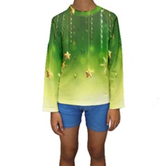 Christmas Green Background Stars Snowflakes Decorative Ornaments Pictures Kids  Long Sleeve Swimwear by Sapixe