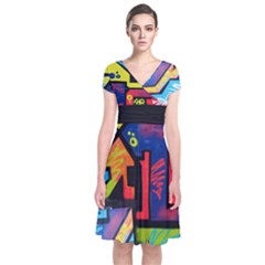 Urban Graffiti Movie Theme Productor Colorful Abstract Arrows Short Sleeve Front Wrap Dress by genx