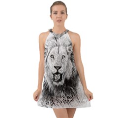 Lion Wildlife Art And Illustration Pencil Halter Tie Back Chiffon Dress by Nexatart