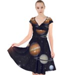 Outer Space Planets Solar System Cap Sleeve Front Wrap Midi Dress