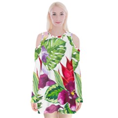 Vector Pattern Tropical Velvet Long Sleeve Shoulder Cutout Dress
