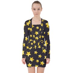 Yellow Stars Pattern V-neck Bodycon Long Sleeve Dress by Sapixe