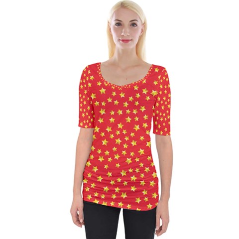 Yellow Stars Red Background Wide Neckline Tee by Sapixe